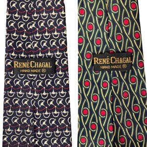 2 X Rene Chagal Men Handmade Necktie Tie Myung Ju Silk Black Red Foulard 56x3.75